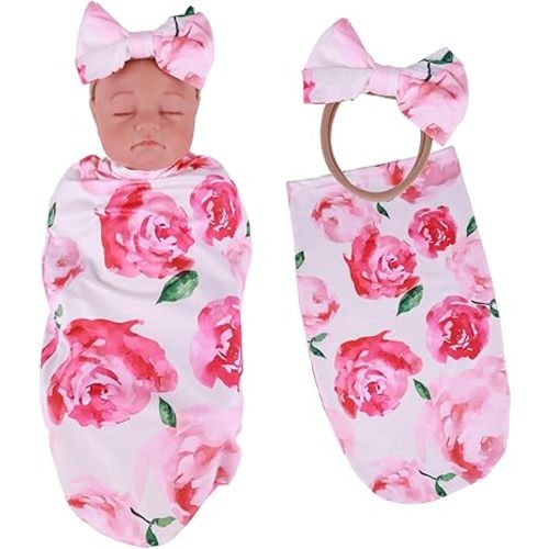 BABESIDE Reborn Baby Doll Blanket with Headband for 17-24 Inch Babydolls, Reborn Baby Doll Accessories Swaddle Blanket Set for Realistic Babydolls Girl, Pink Floral Pattern