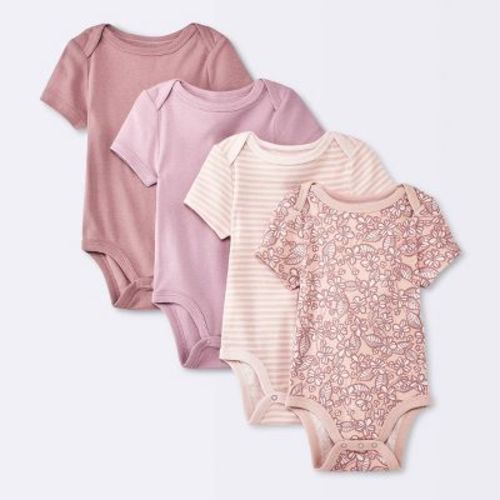 Baby Girls' 4pk Floral Short Sleeve Cotton Bodysuit - Cloud Island™ Pink Newborn