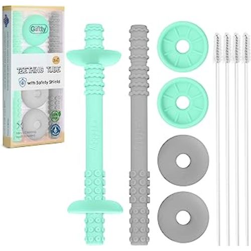 Teething Tube with Safety Shield Baby Hollow Teether Sensory Toys Gum Massager, Food-Grade Silicone for Infant, Toddler, Boys & Girls, 1 Pair with 4 Cleaning Brush Included (Cyan+Gray)