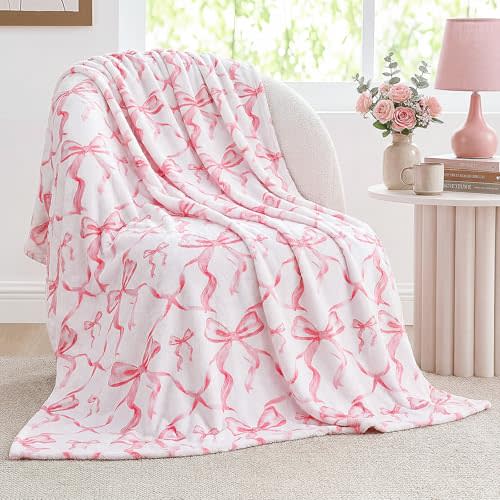 Buryeah Pink Bow Throw Blanket 50"x60" Ultra Soft Flannel Coquette Aesthetic Blanket for Girls Women Preppy Room Decor for Bed Sofa Spring Wedding Mother's Day Graduation Back to School Gift