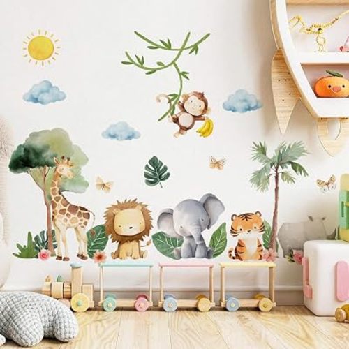 Animals Wall Decal, Peel and Stick Nursery Animals Mural,Jungle Lion, Elephant, Giraffe, Monkey Wall Stickers for Kids, Boys and Girls Room, Bedroom & Toddler Room Decor (Animals Wall Decor 60)