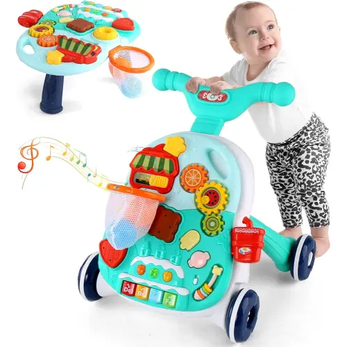 Eners Sit to Stand Learning Walker for Baby Boys and Girls, 2 in 1 Push Walker and Activity Center With Wheels, Musical Walking Toys