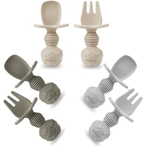 PandaEar 6 Pack Silicone Baby Spoons and Fork Feeding Set- Anti-Choke First Self Feeding Utensils for Baby Led Weaning Ages 3 Months (Tan,Walnut&Grey)