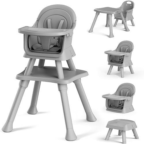 Kinder King Baby High Chair, 8 in 1 Coverts to Dining Booster Seat/Kids Table & Chair Set/Toddler Building Block Table/Kids Stool, Removable Tray & Double Seat Cover, Easy to Wipe, Grey