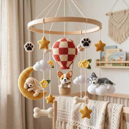 Custom Dog Baby Mobile, Crochet Hot Air Balloon Mobile, Custom Puppy Nursery Decor, Custom Pet from Photo, Baby Crib Decor Gift Newborn Gift