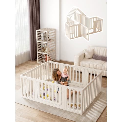 VBABY Baby Playpen, Plastic Play Pen for Babies and Toddlers 1-3, 12 Panels Large Kids Playyard, Indoor & Outdoor Baby Fence, 66" x 51", White