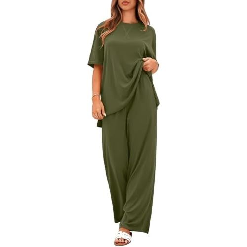 Totatuit Two Piece Sets For Women Summer Travel Vacation Airport Outfits Short Sleeve Oversized Loungewear Sets