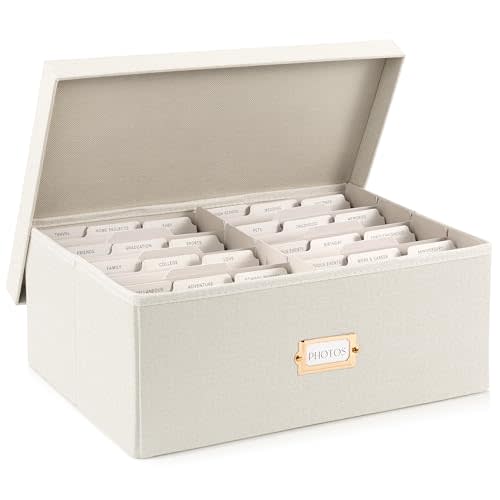 ZICOTO Decorative Photo Storage Box - Sturdy Linen Photo Organizer with Dividers is Perfect to Store Up to 1700 Pictures and 5x7 Photos - Portable Scrapbook Storage Containers with Lid