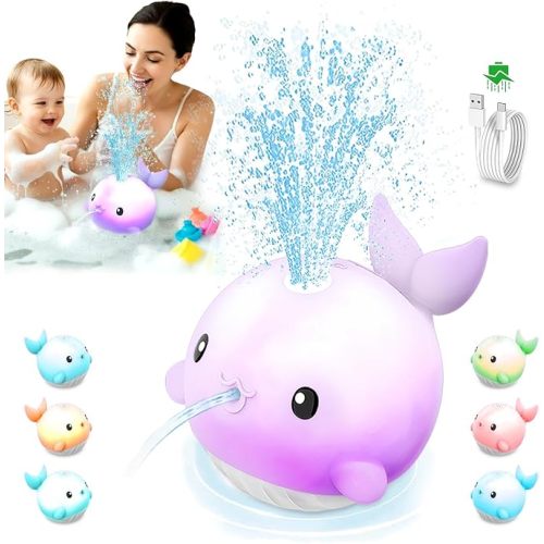 Baby Bath Toys, Rechargeable Bath Toys for Kids Ages 1-3 & 6-12 Months with 3 Hours Non-Stop Fun, Dual Sprinkler, 3 Modes Light Up, Toddler Birthday/Christmas Water Table BathTubs Pool Toys,Purple