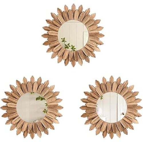 LOSOUR Boho Wall Decor Sunburst Mirror 3 Pack Rustic Round Wood Mirror 12 inch Boho Mirror Home Decor Farmhouse Room Decorations for Bedroom Living Room Entryway