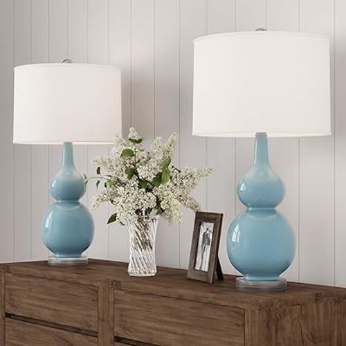 Set of 2 Ceramic Table Lamps - Double Gourd Vintage Style Lights for Bedroom, Living Room, or Office with Efficient LED Bulbs by Lavish Home (Blue)