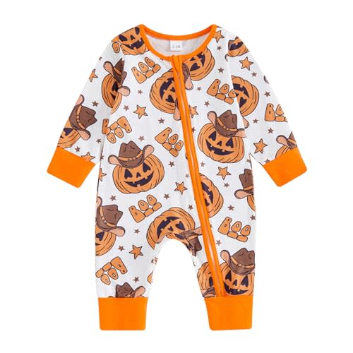 FIOMVA Baby Boy Girl Halloween Outfit Newborn Boo Pumpkin Romper Infant Long Sleeve Jumpsuit Western Fall Winter Clothes