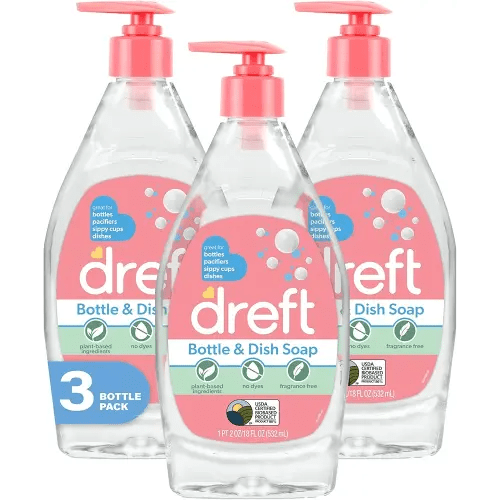 DREFT Bottle and Dish Soap | Made to Clean Baby Bottles, Sippy Cups, Pacifiers, Breast Pumps, & More | Gently Removes Milk Film & Odors | Plant Based, Fragrance Free Dish Soap | 18 Fl Oz (Pack of 3)