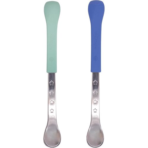 Nuby 2-in-1 Hot Safe Feeding Spoons - (2-Pack) Spoons for Babies 6+ Months - Blue and Aqua