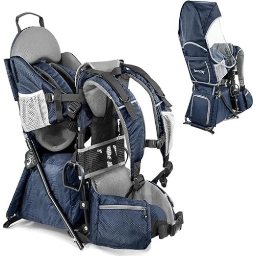 besrey Baby Backpack Carrier, Toddler Hiking Backpack with Safety 3-Height Seat, Adjustable Straps&Waist Belt, Foldable Frame Lightweight Large Capacity Child Carrier for Hiking (Blue/Grey)