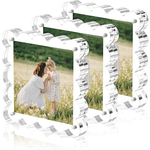 Clear Picture Frames 3Pack - Acrylic Magnetic Photo Frame 4×4 Inch, Double Sided Magnet Frames with Scalloped Edges, 10+10mm Thick Freestanding Gift for Office/Home(Clear, 4x4)