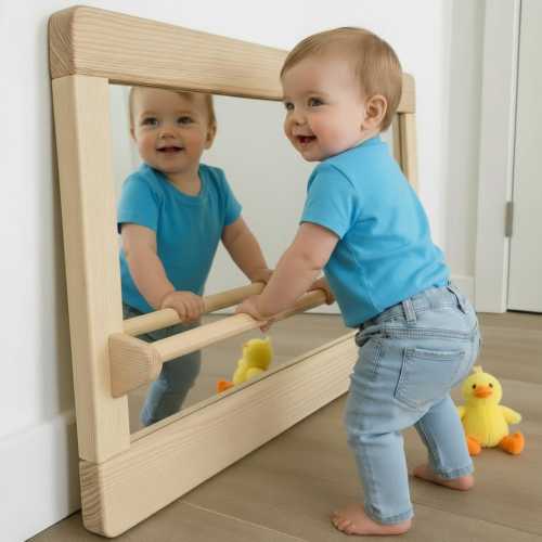 Montessori Wooden Mirror with Pull-Up Bar for Playroom, Handmade in Spain