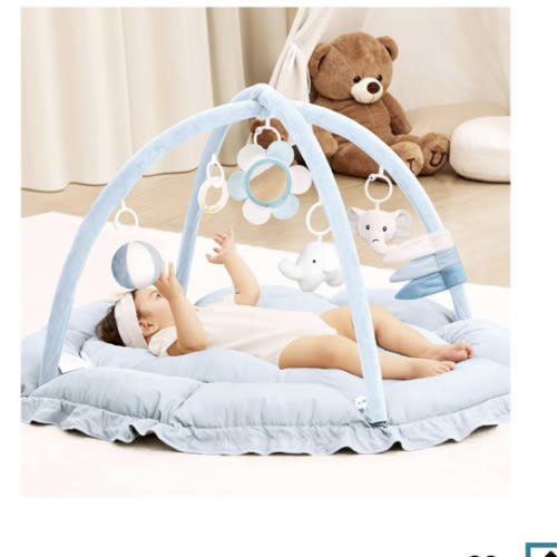 ANGELBLISS 5 in 1 Baby Play Gym Mat, Reversible Tummy Time Mat with 5 Sensory Toys for Stage-Based Developmental, Thick & Large Baby Activity Center from Newborn to Toddler (Light Blue)