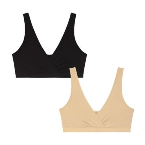 Motherhood Maternity Women's Maternity Cotton Wrap Front Nursing Sleep Bralette, 2-Pack, Black & Nude, Medium