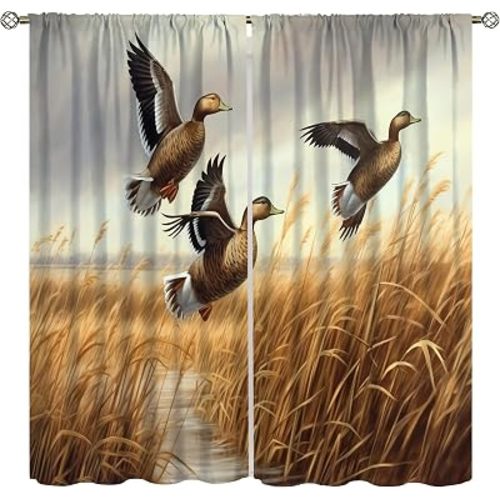 Mallard Duck Curtains, Vintage Rustic Oil Painting Brown Reeds Pond Lodge Hunting Mallard Duck Animals Windows Treatments Drapes for Living Room Bedroom 42x45in（No Blackout）