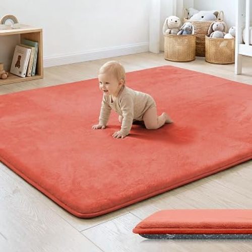 1.3" Thick Baby Floor Play Mat 50x50, Basic Padded Foam Mat for Tummy Time Crawling, Non Slip Cushioned for Babies Toddlers Infants Kids (Coral)