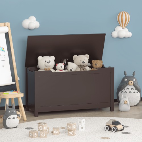 PORKISS Toy Box for Boys Girls, Wooden Kids Toy Chest with Storage Bench and Safety Hinged Lid, Modern Toy Storage Organizer for Living Room, Bedroom, Toddler Room, Coffee