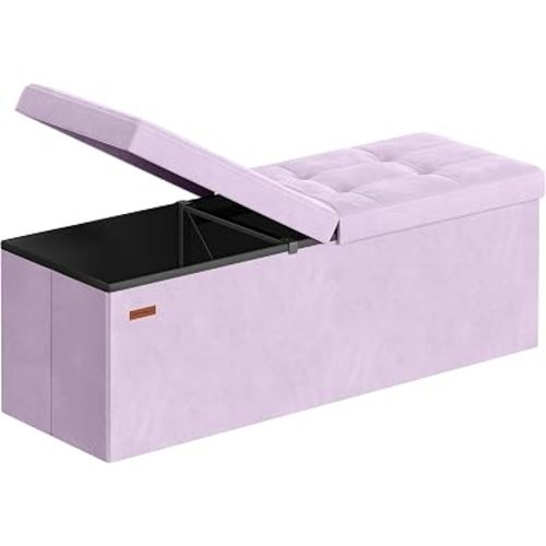 SONGMICS Velvet Storage Ottoman, Folding Storage Bench for Bedroom, Toy Chest, Ottoman Coffee Table, 15 x 43.3 x 15 Inch, Hibiscus Purple, Entryway Shoe Bench, MINOTA Collection ULSF078PE01