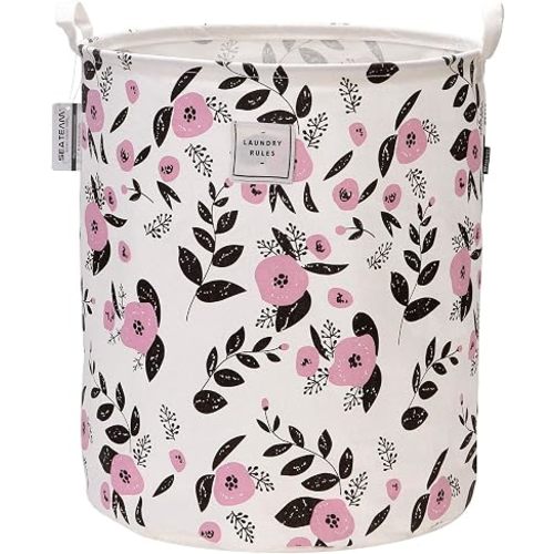 Sea Team 19.7" x 15.7" Large Sized Folding Cylindric Canvas Fabric Laundry Hamper Storage Basket with Floral Pattern, Pink & Black