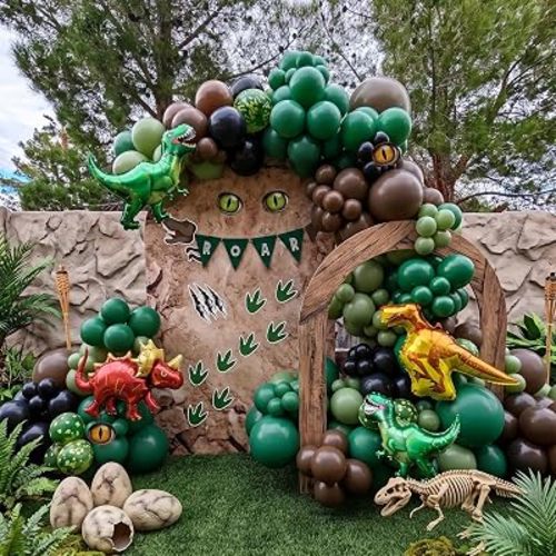 Décorations de fête d'anniversaire dinosaure : comprend une arche de ballons verts et marron, une petite bannière de ballons en aluminium pour enfants sur le thème des dinosaures rugissants