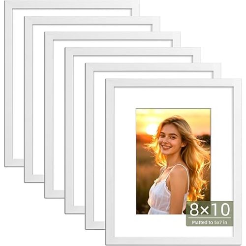 HappyHapi 8x10 Picture Frame Set of 6, 8x10 White Picture Frame Display Pictures 5x7 with Mat or 8x10 Without Mat. Wall Hanging Photo Frame or Tabletop Display Gallery Frame (White)