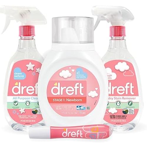 Baby Gifts Set by Dreft, Baby and Mom Gift Set with Liquid Laundry Detergent, Laundry Stain Remover, Stain Remover Pen & All Purpose Cleaner Spray, Great for Baby Showers