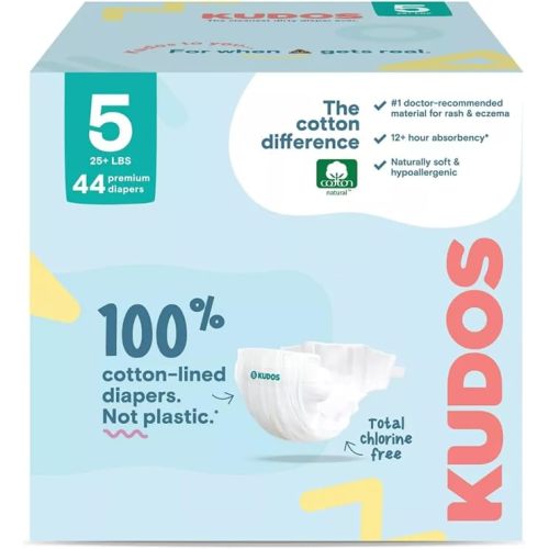 Kudos Size 5 Cotton-Lined Disposable Baby Diapers, 44 Count, Ultra Absorbent Baby Diapers, Soft Comfort, Gentle Materials, Secure Fit for Sensitive Skin