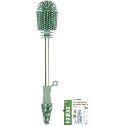 haakaa Cleaning Brush Silicone Bottle Brush Double-Ended Soft Silicone Bristles for Breast Pumps, Breast Milk Collectors, Baby Bottles, Teats, Breastmilk Storage Bags, Detachable - Pea Green-1pk