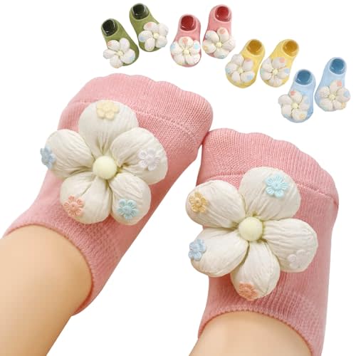KEAINVRN 4Packs Baby Girls Socks,Flower Non-Slip Grips for Babies Toddler Princess Low Cut Ankle Socks for Girls