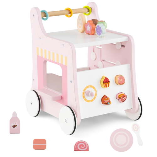 Costway Wooden Baby Walker Ice Cream Cart Toy with Sweet Accessories & Smooth Wheels Pink