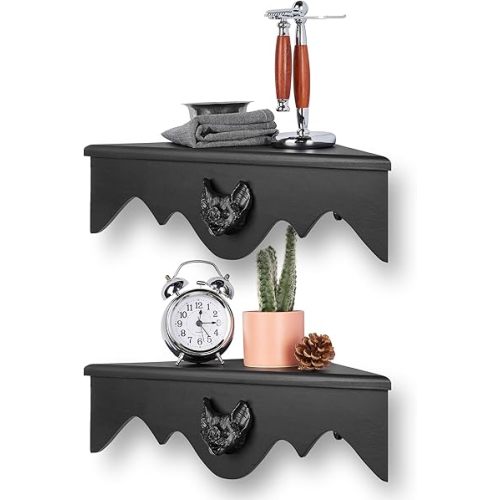 Gothvanity Gothic Bat Corner Shelves 2 Pack - Black Spooky Dark Aesthetic Floating Shelves, Wall Mounted Wooden Storage for Bedroom Kitchen Bathroom Office