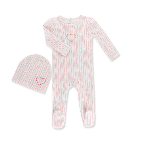 Pink Heart Herringbone Footie and Beanie