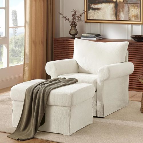 Modern Accent Chairs with Ottoman Set, 35.8" W Comfy Chenille Reading Arm Chair, Oversized Chair and Ottoman for Living Room, Bedroom, Reading Nook, Nursery Room, Beige