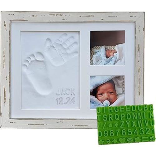 Baby Mushroom Farmhouse Baby Hand & Footprint Picture Frame Keepsake Kit - Rustic 9" x 11" Distressed Wood Frame, Clay, & Stencil for Newborns, New Mom, Registry Gift