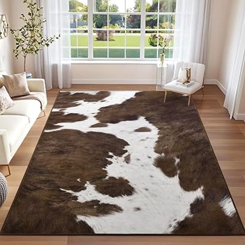 DweIke Washable Area Rugs for Living Room, 8x10 Large Soft Bedroom Rugs, Cowhide Print Non-Slip Animal Rug, Stain Resistant Throw Carpet for Office Nursery Dining Room Western Home Decor, Brown