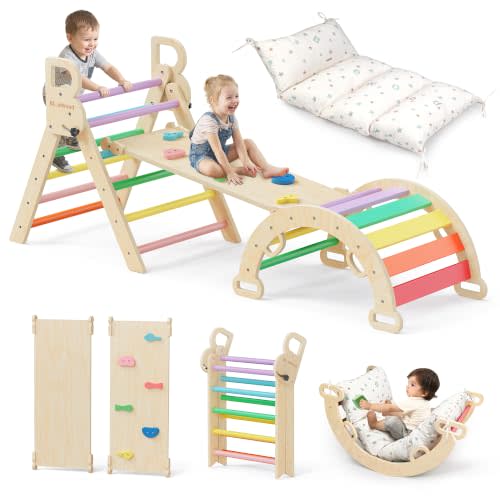 BlueWood Pikler Triangle Set with Cushion, Wooden Climbing Toys for Toddler | Foldable 8-in-1 Montessori Philosophy Toddler Climbing Toys Indoor with Reversible Ramp, Arch and Ladder - Sunshine Rainbow