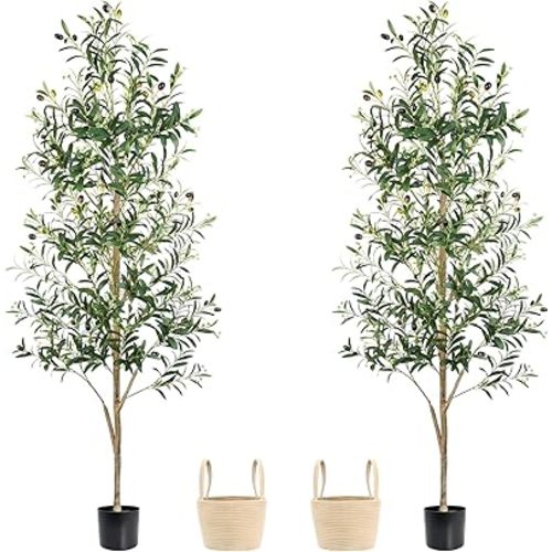 Caxchiling Faux Olive Tree 6FT, Artificial Potted Tree with Planter, Silk Plants Indoor Outdoor, Lifelike Olive Plants with Natural Wood Trunk, Fruits and Buds, Home Office Decor, 2 Pack