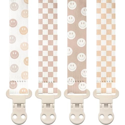 Stadela Baby Pacifier Clip Holder - Girl or Boy Unisex 4 Pack Gift Set - Retro Checker and Smiley Faces Design