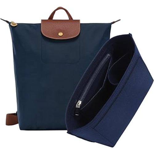 Purse Organizer Insert for Longchamp Le Pliage M Backpack, Felt Lightweight Long Champ Medium Backpack Divider Shaper with Cup Holder,Zipper Bags Inner Linner with 7 Deepened Pockets,M/Navy-blue