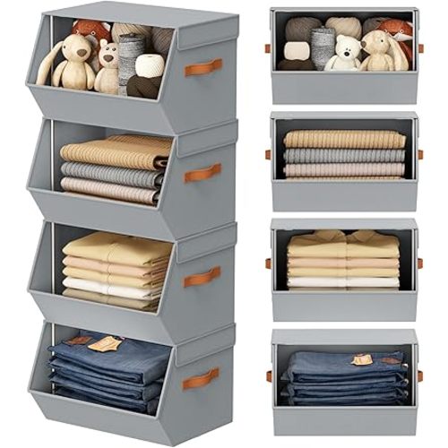 Stackable Closet Organizers and Storage Bins, Open Front Closet Shelf Organizer System With Steel Frame, Clothes Storage Basket Fabric, Collapsible Closet Drawers for Wardrobe, Nursery ,Toy, 4 Pack