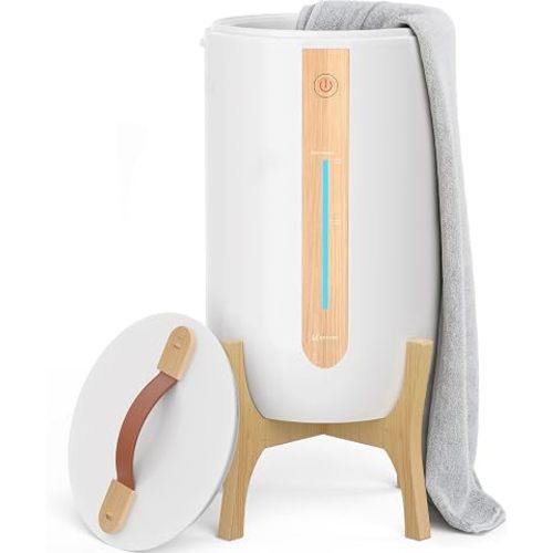 Keenray Towel Warmer for Bathroom, Towel Warmer Bucket with Heating Progress Bar, Fragrance Disc Holder, Leather Handle, Auto Shut-Off Towel Bucket Fits Up to Two 40" x 70" Towels, Blankets White