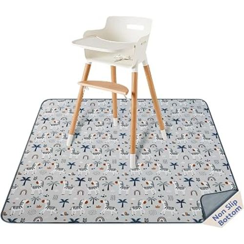 Blissful Diary Baby Splat Mat for Under High Chair, 50.4 x 50.4 Inch Wipeable Splash Mat, Waterproof and Washable, Anti-Slip Floor Protector, Gray Zebra