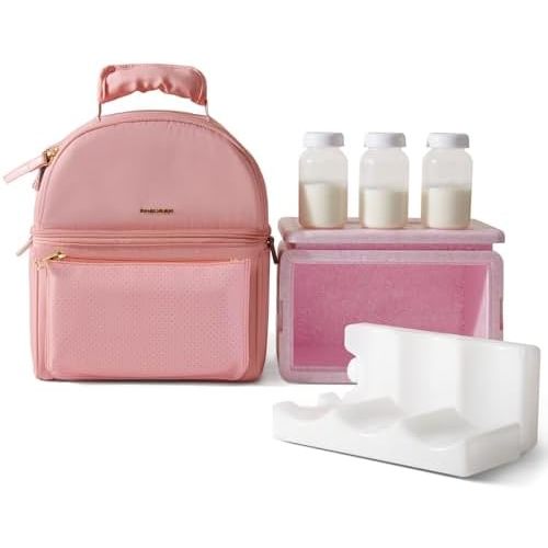 SUNVENO Breast Milk Cooler Bag with Detachable Insulation Box, Double-Layer Pumping Travel Bag for Work & Daycare, Fits Bottles, Ice Packs and Pump Parts,Pink