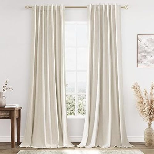 Guken 100% Blackout Linen Curtains 84 Inch Length 2 Panels Set for Living Room Bedroom Back Tab Thermal Insulated Black Out Drapes Room Darkening Farmhouse Style for Bedroom Window Curtains 52x84