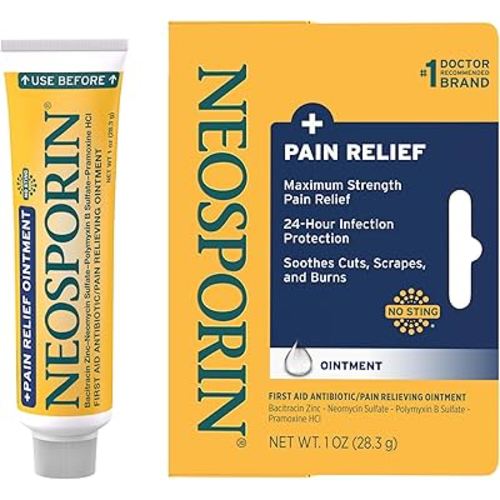 Neosporin + Maximum-Strength Triple Antibiotic Ointment with Pain Relief, Dual Action First Aid Wound Care, No-Sting Formula with Pramoxine HCl, Bacitracin Zinc, 1 oz Single Tube